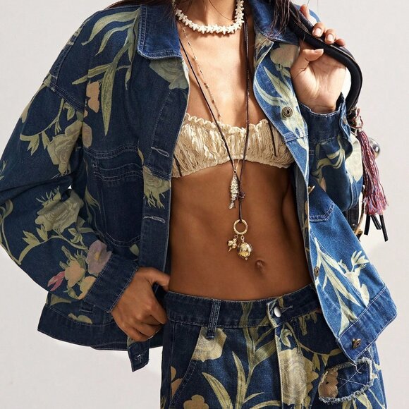 Blue Casual Women's Boho Music Festival Washed Print Denim Jacket - Picture 4 of 9